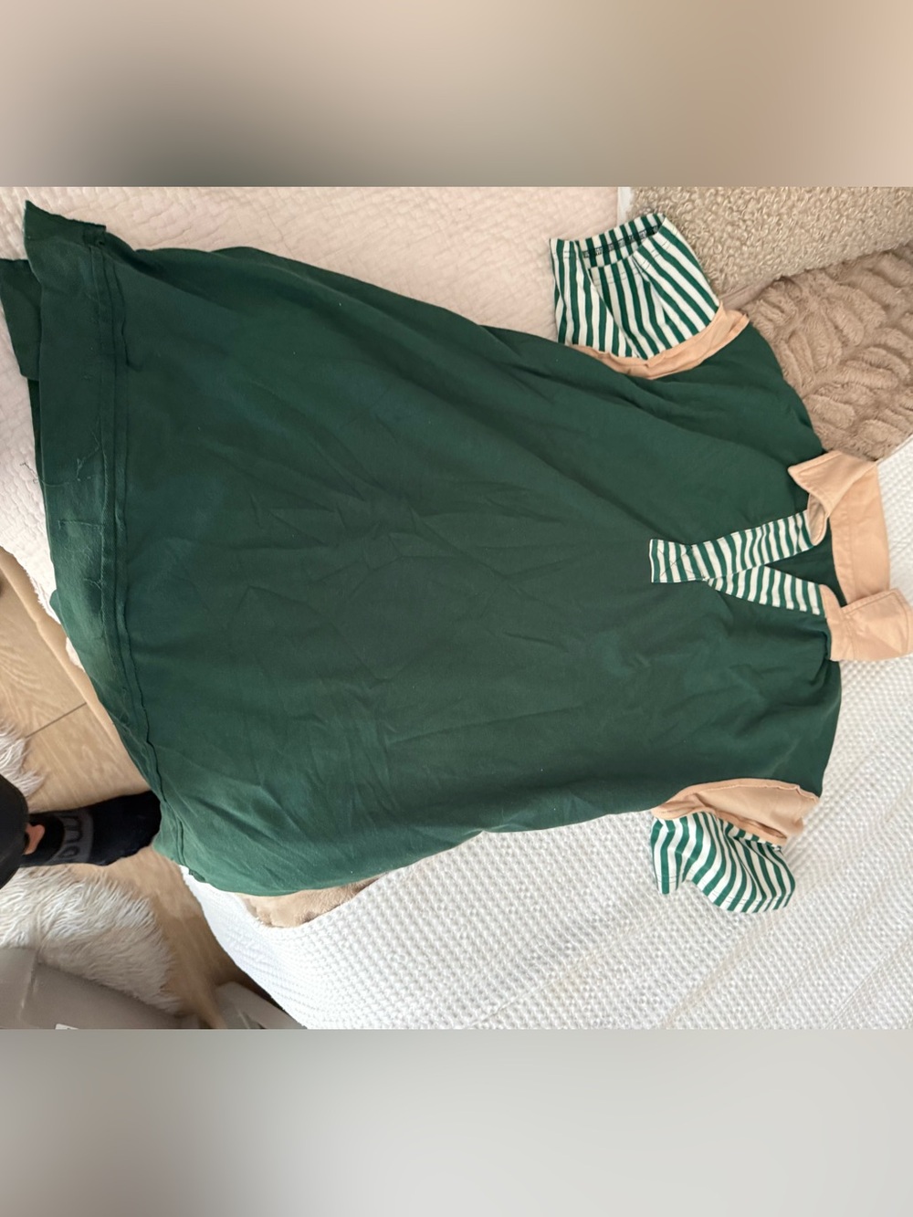 Short-Sleeve Polo Shirt Dress in Dark Green with Tan Trim